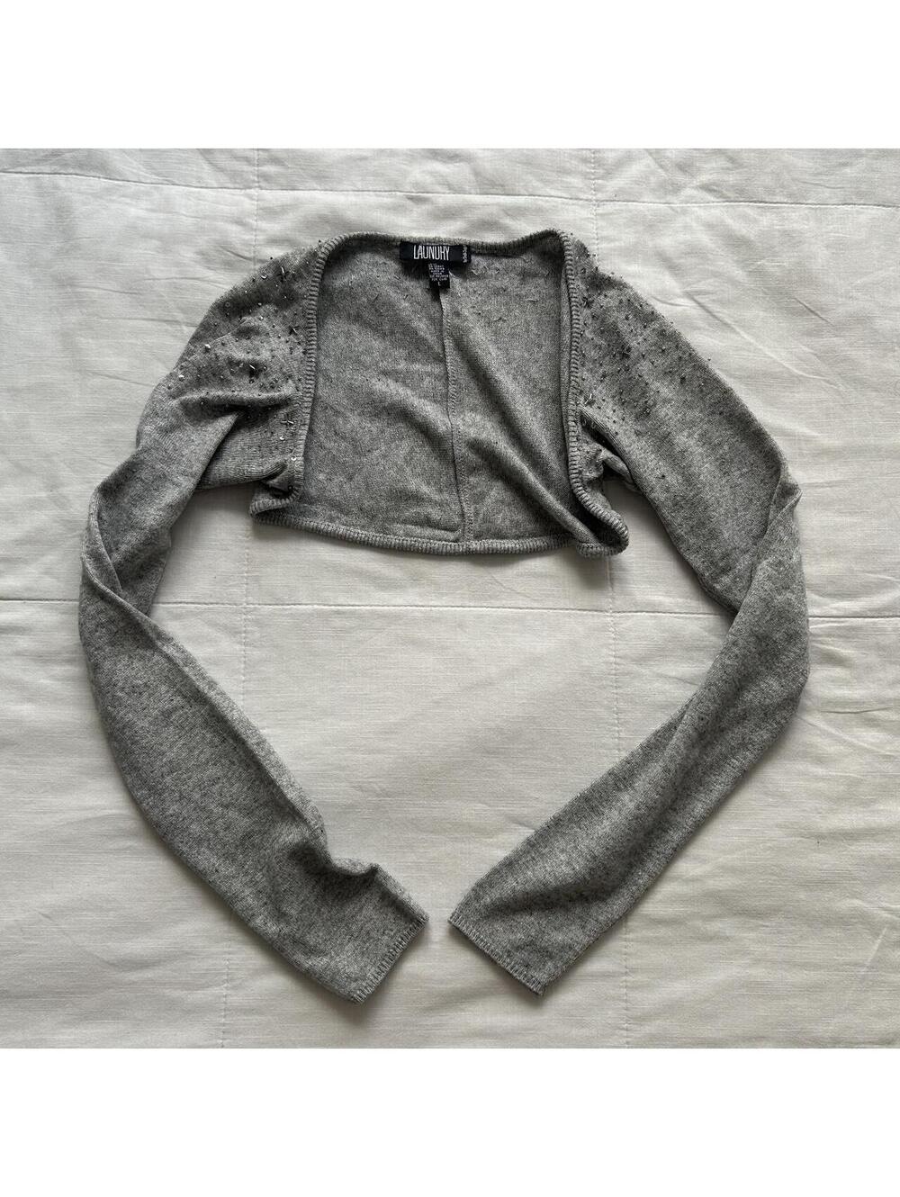 Laundry by Shelli Segal Gray Beaded Cropped Bolero Cardigan Size L Fits Small